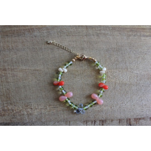 Bracelet Flora kaki, rose et rouge