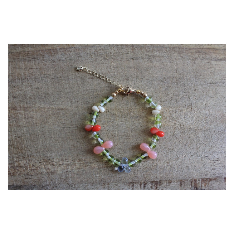 Bracelet Flora kaki, rose et rouge