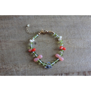 Bracelet Flora kaki, rose et rouge