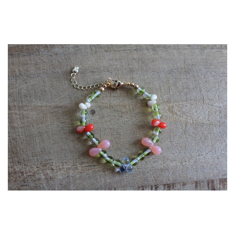 Bracelet Flora kaki, rose et rouge