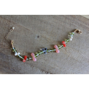 Bracelet Flora kaki, rose et rouge
