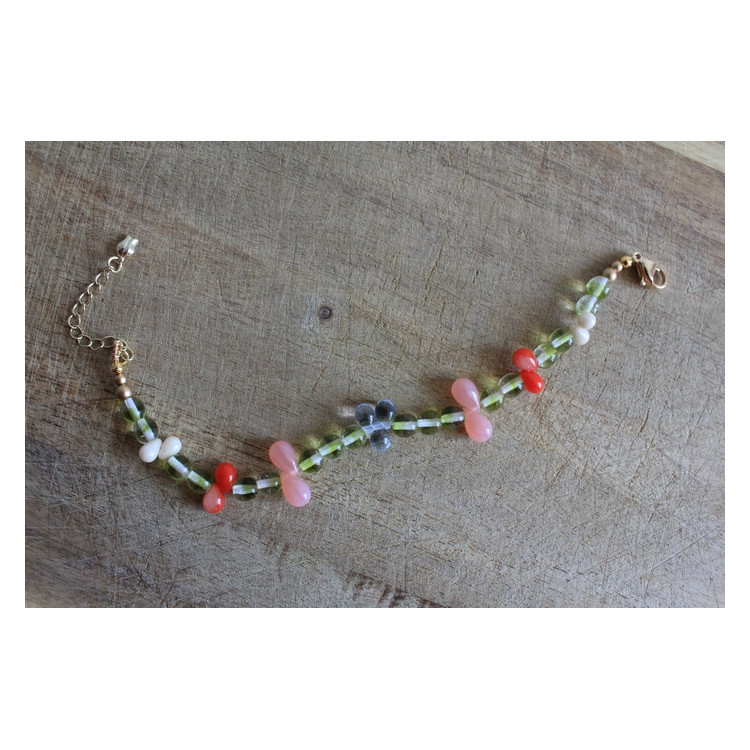 Bracelet Flora kaki, rose et rouge