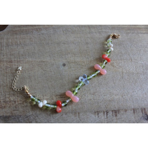 Bracelet Flora kaki, rose et rouge