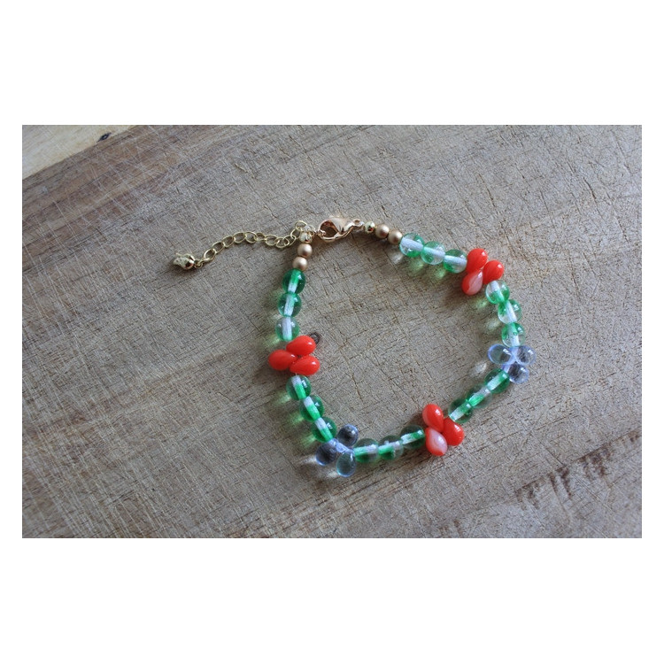 Bracelet Flora vert, rouge et bleu pale