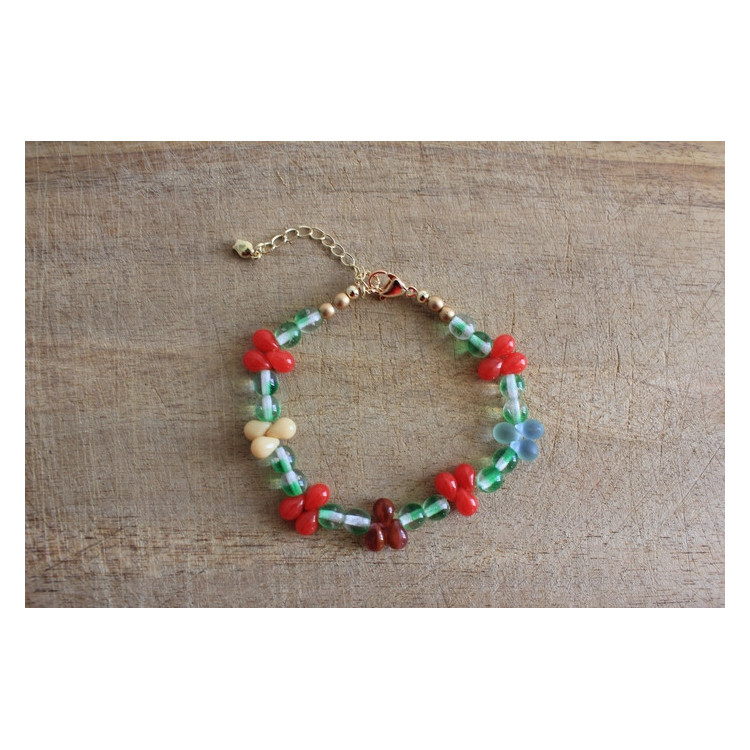Bracelet Flora vert, rouge et crème