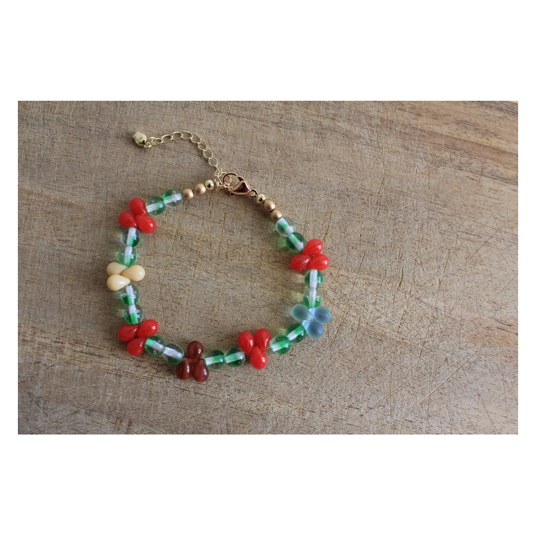 Bracelet Flora vert, rouge et crème
