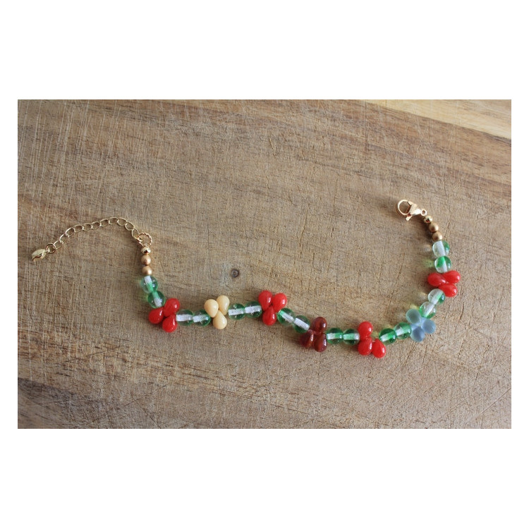 Bracelet Flora vert, rouge et crème