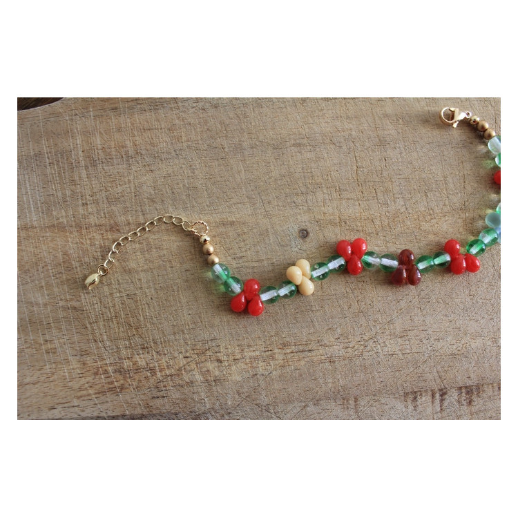 Bracelet Flora vert, rouge et crème