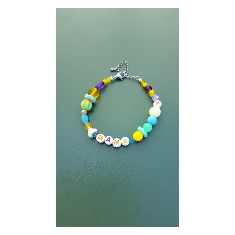 Bracelet femme, maman, mama, perles verre et argenté.