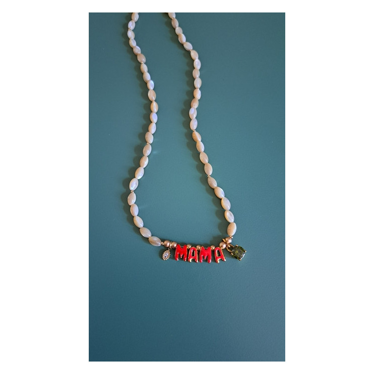 Collier Mama rouge zirconium vert kaki