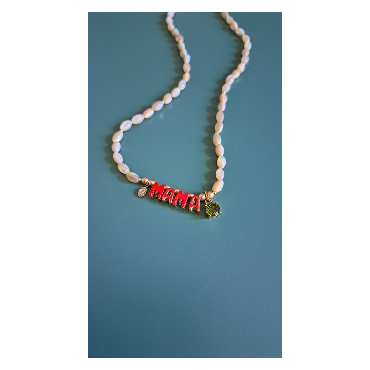 Collier Mama rouge zirconium vert kaki