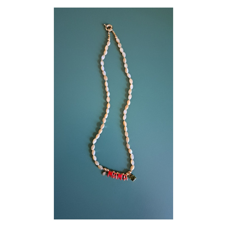 Collier Mama rouge zirconium vert kaki