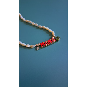 Collier Mama rouge zirconium vert kaki