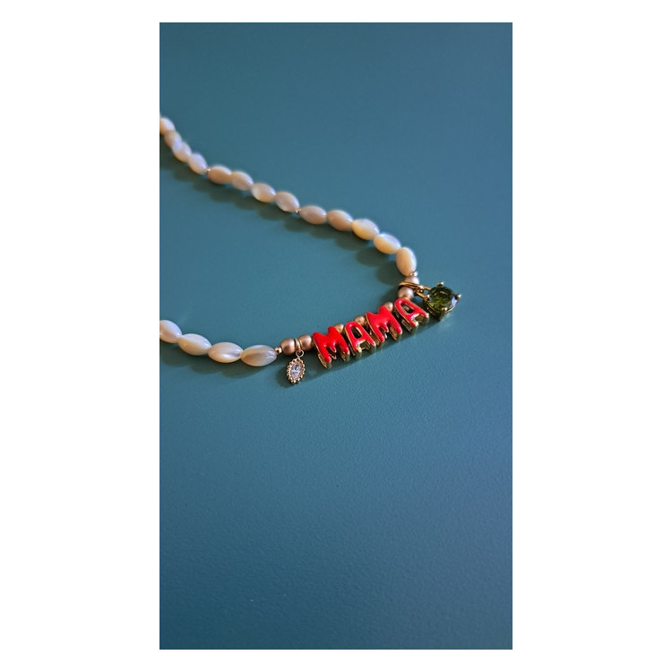 Collier Mama rouge zirconium vert kaki