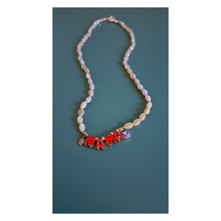 Collier Mama rouge zirconium mauve