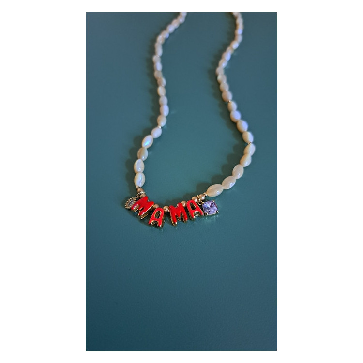 Collier Mama rouge zirconium mauve