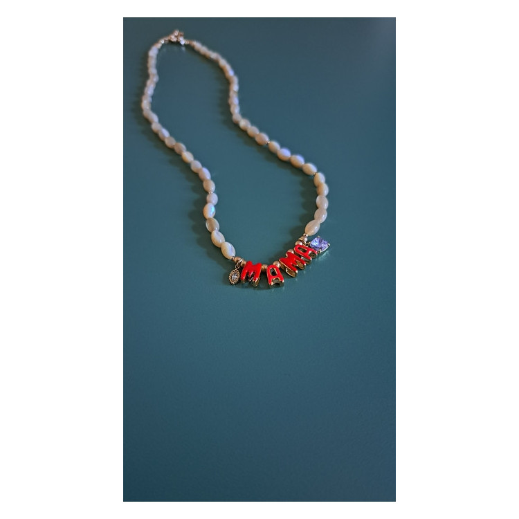 Collier Mama rouge zirconium mauve