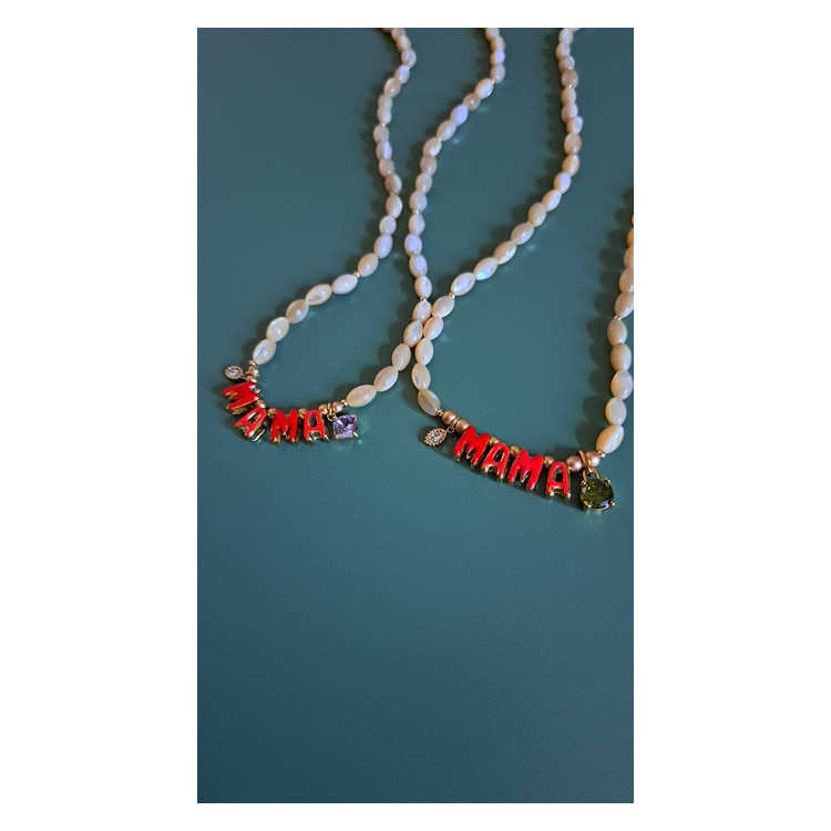 Collier Mama rouge zirconium mauve
