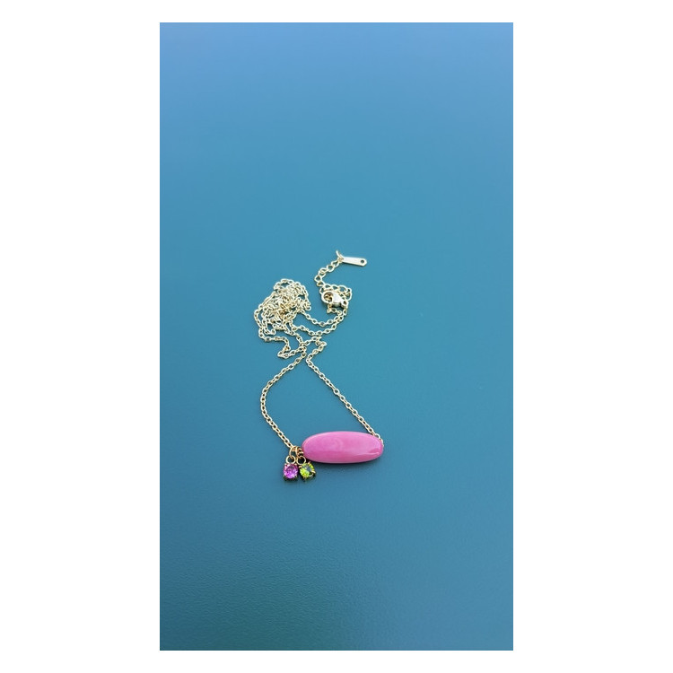 Collier TESSA rose zirconiums framboise et vert kaki