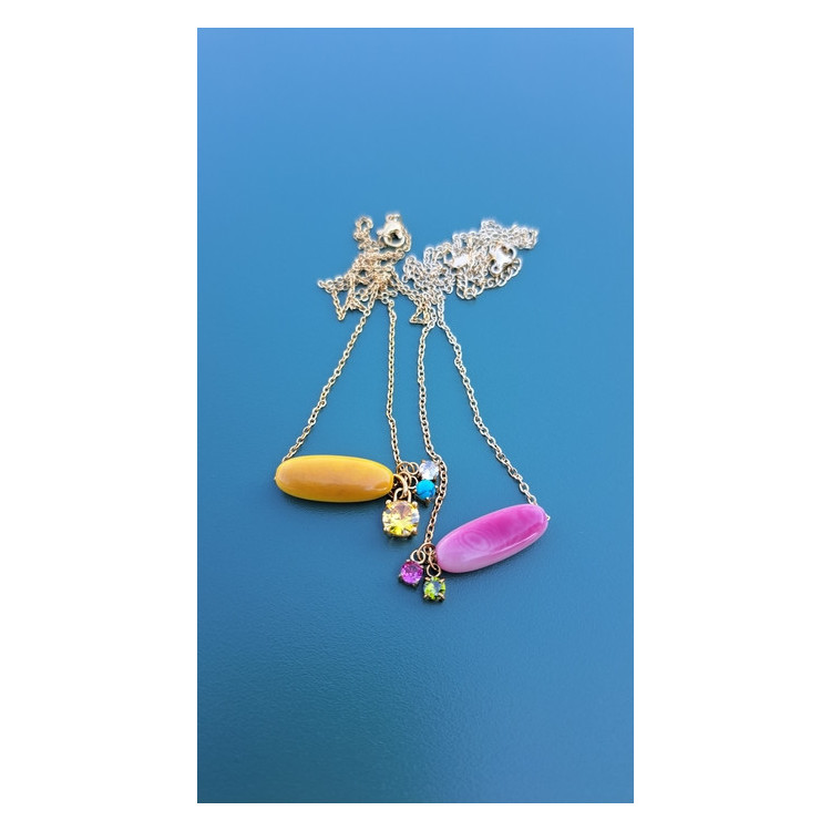 Collier TESSA rose zirconiums framboise et vert kaki